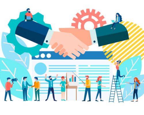 Handshake of executives, conclusion of contracts and management in a  company, online business support, business analytics, investment attraction and financial control in a business team